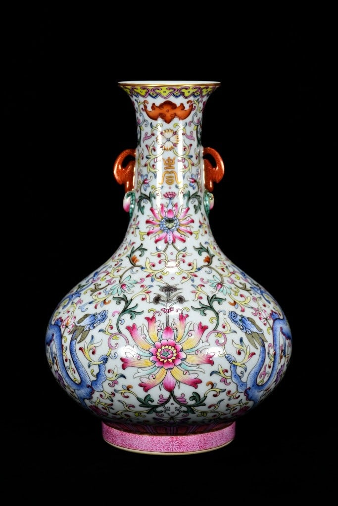 A Rare Enamel Painted Gold Lotus and Dragon Pattern Double-Ears Vase: A Rare Enamel Painted Gold Lotus and Dragon Pattern Double-Ears Vase,Qing Dynasty, China,Qianlong Six-character Mark,Size:11.8inx7.9in 珐琅彩描金缠枝莲&