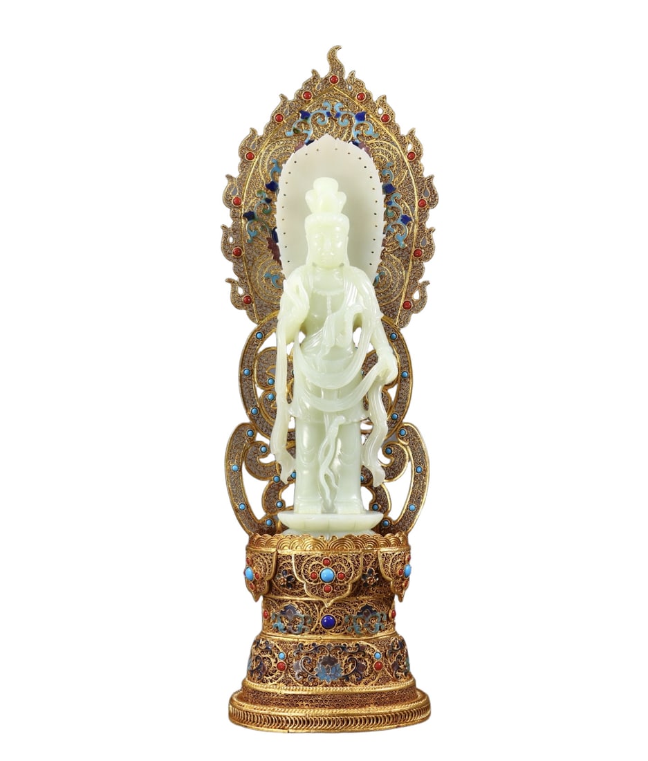 A Huge Filigree and Gilding Inlaid White Jade Buddha Statue,Inlaid Gems and Turquoise: A Huge Filigree and Gilding Inlaid White Jade Buddha Statue,Inlaid Gems and Turquoise,Qing Dynasty,China,Qianlong Four-character Mark,Size:16.9inx5.1inx3.3in,Weight:1407g 花丝鎏ŵ