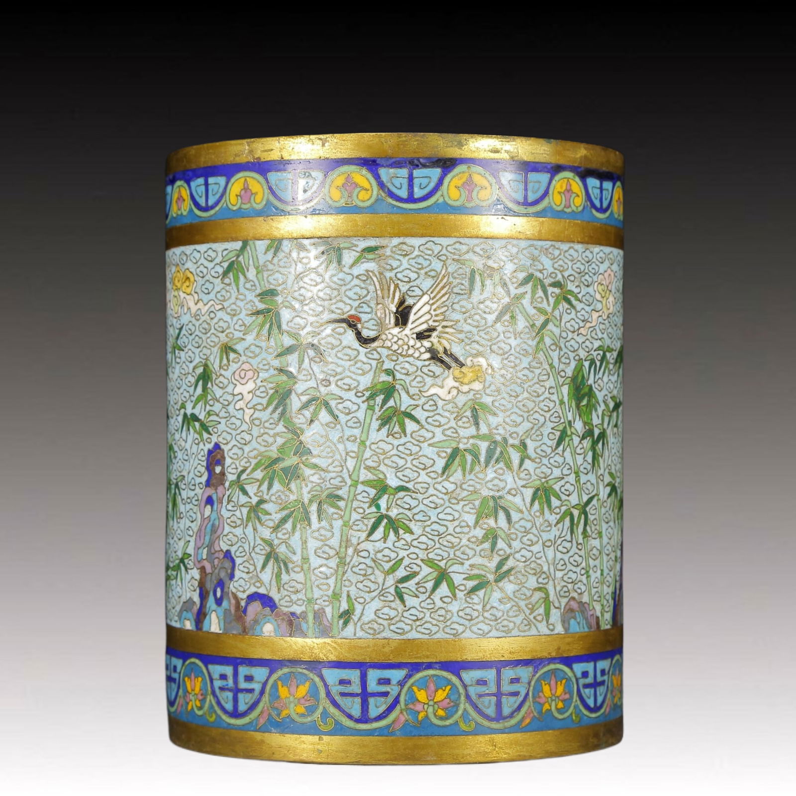 An Exquisite Cloisonne Bamboo and Crane Pattern Brush Pot (1 of 6)