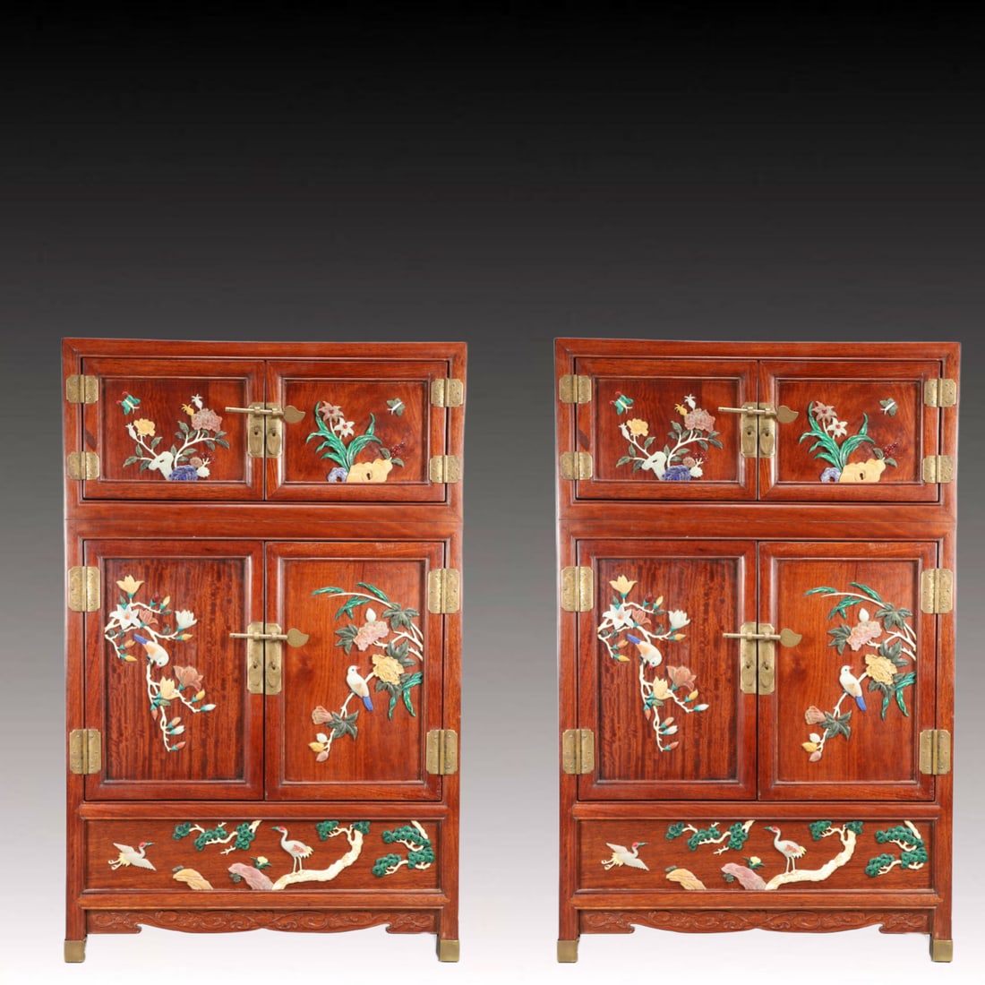 A Pair of Rare Huali wood Inlaid Gems Flower and Bird Pattern Cabinets: A Pair of Rare Huali wood Inlaid Gems Flower and Bird Pattern Cabinets,Qing Dynasty, China,Size:17.7inx7.9inx27.6in,Total Weight:18950g 