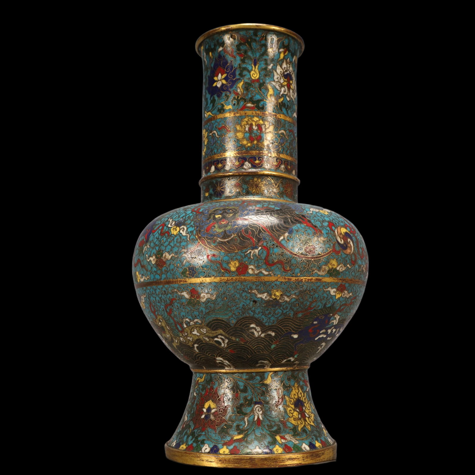 A Huge Cloisonne Lotus,Seawater and Auspicious Beast Pattern Vase: A Huge Cloisonne Lotus,Seawater and Auspicious Beast Pattern Vase,Ming Dynasty, China,Jingtai Four-character Mark,Size:8.3inx15.7in,Weight:2900g 景泰蓝缠枝莲海