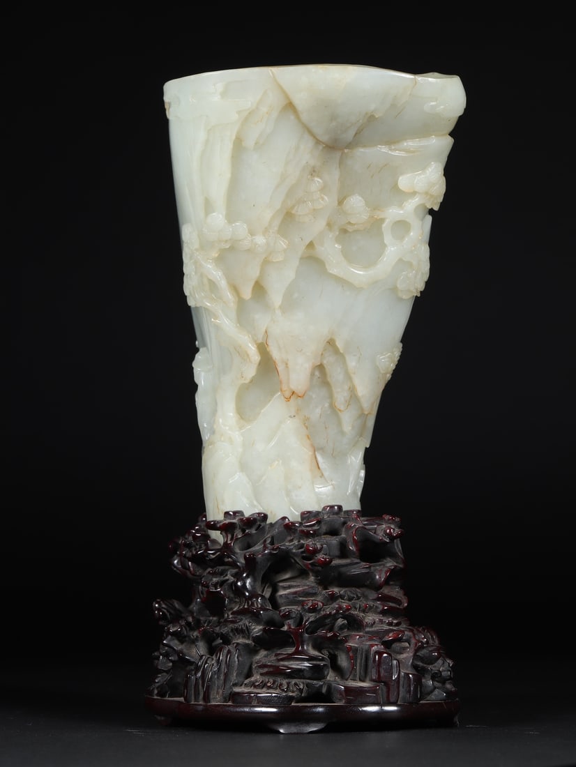 An Exquisite White Jade Character and Story Pattern Goblet,With Zitanwood Base - 2