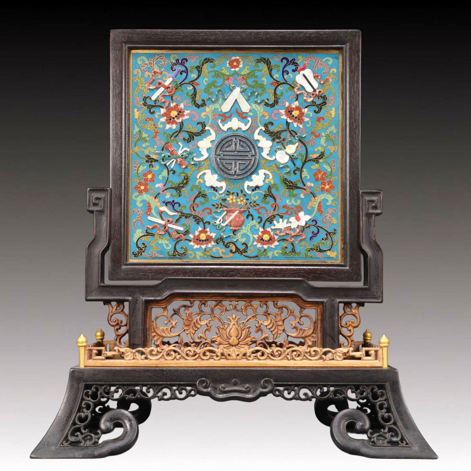 A Precious Cloisonne Inlaid Gems Lotus and Bats Pattern Table Screen (1 of 9)