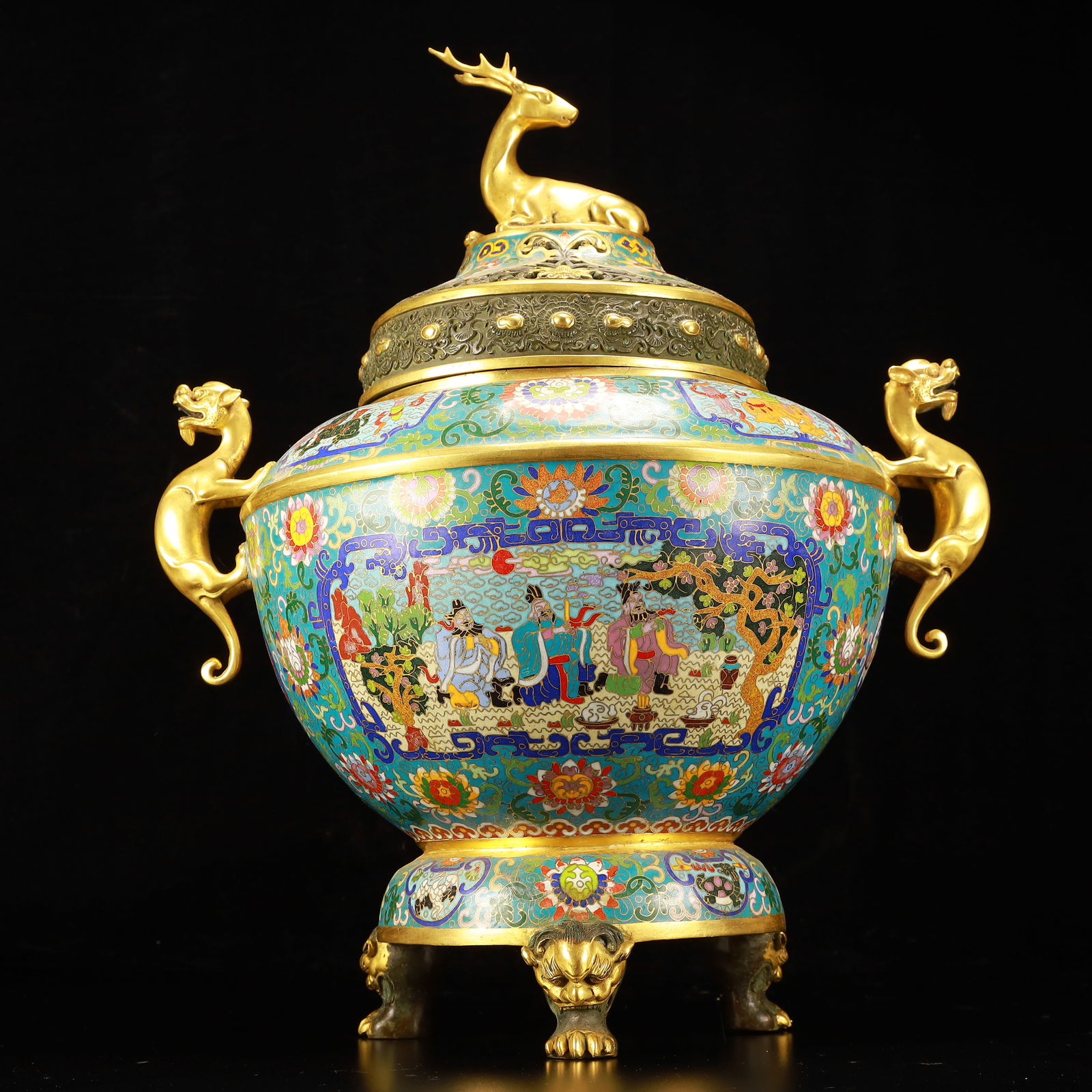 A Huge Cloisonne Lotus Figure Pattern Dragon-Ears Beast-Legs Censer: A Huge Cloisonne Lotus Figure Pattern Dragon-Ears Beast-Legs Censer,(A type of enamelware with metal wires separating colored glaze, originating in China),Qing Dynasty,China,Qianlong Four-character Ma