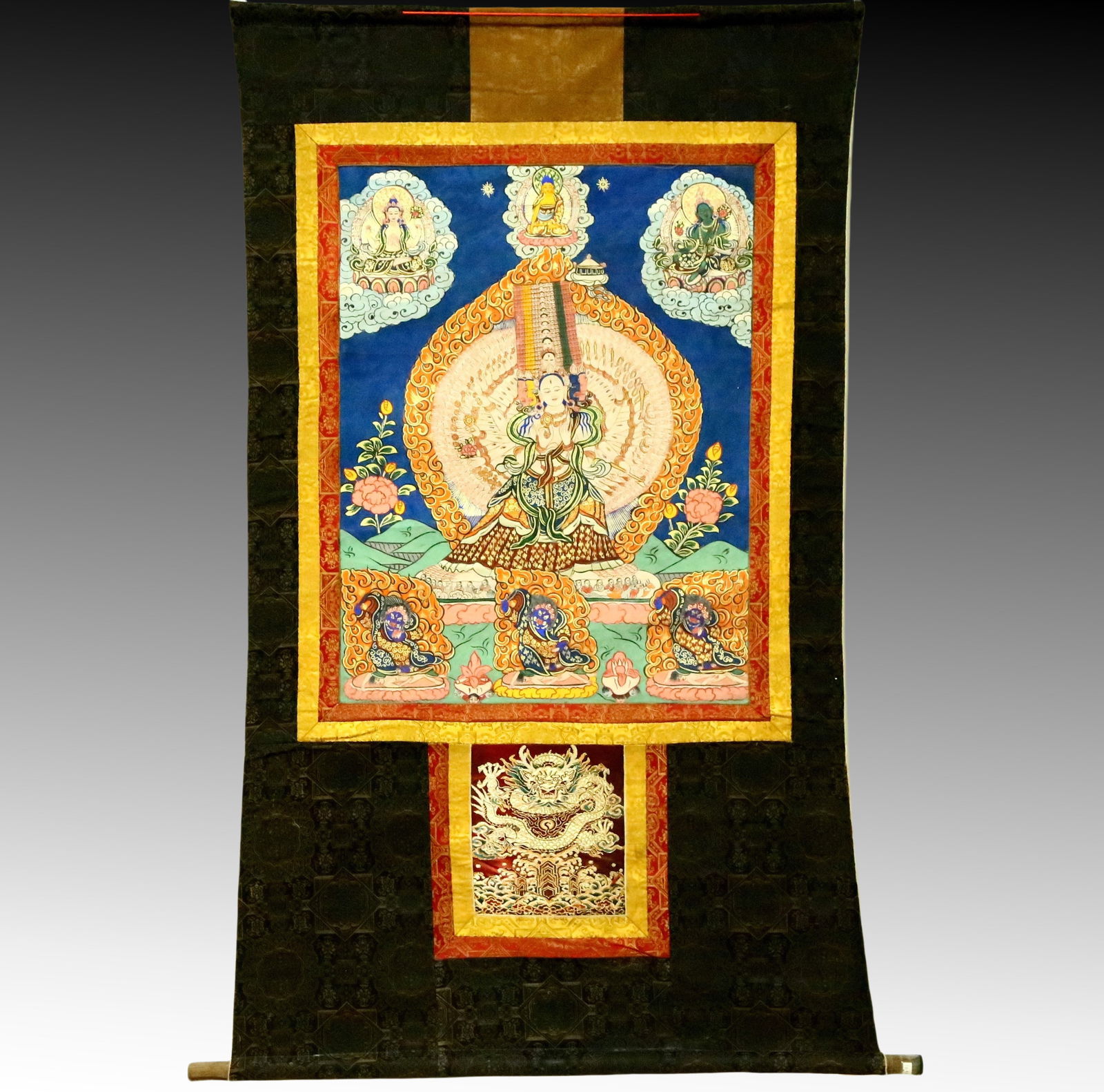 An Exquisite Brocade Painted Color Thousand-Armed Guanyin Tangka (1 of 10)
