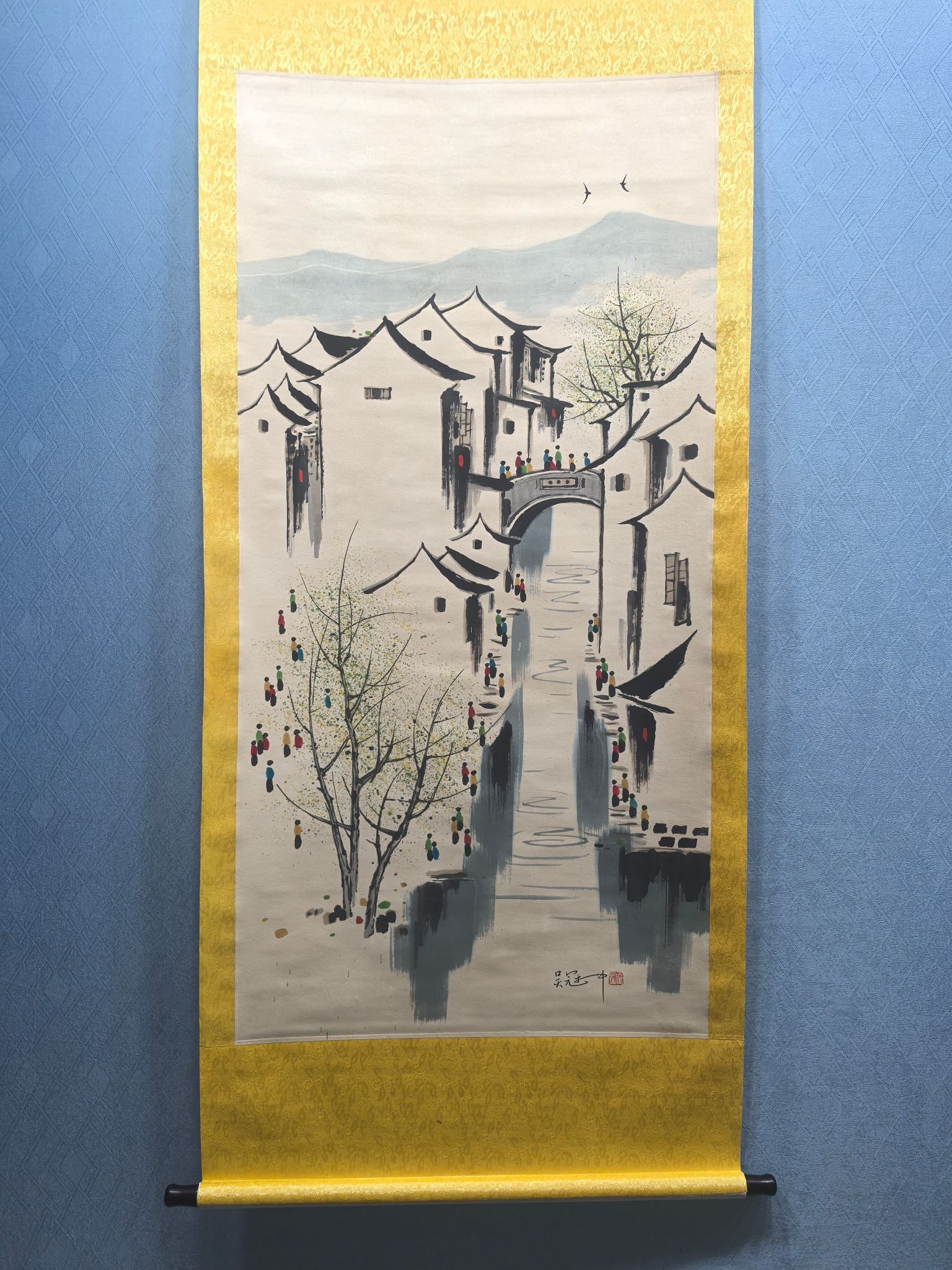 A Chinese Vertical Scroll Ink Painting of Landscape and Figure on Paper,Wu Guanzhong: A Chinese Vertical Scroll Ink Painting of Landscape and Figure on Paper,Wu Guanzhong,Size:(Without frame)27.2inx54.7in 一幅中国水墨山水人物&
