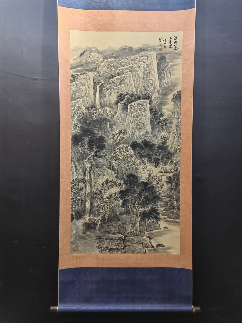 A Chinese Vertical Scroll Ink Painting of Landscape on Paper,Li Keran: A Chinese Vertical Scroll Ink Painting of Landscape on Paper,Li Keran,Size:26.7inx53.8in 一幅中国水墨山水画立轴,李可੡