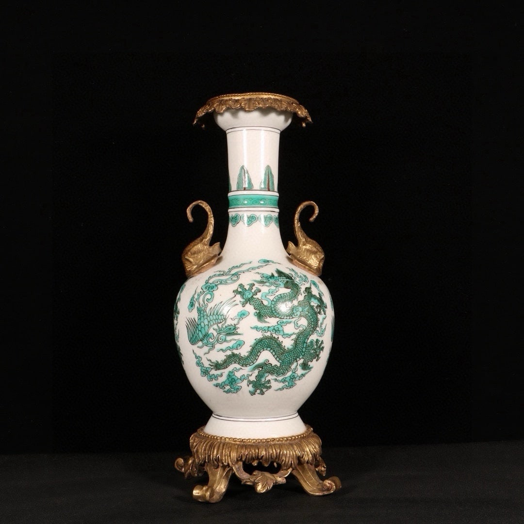 An Exquisite Green Color Inlaid Bronze Auspicious Cloud,Dragon and Phoenix Pattern Elephant-Ears (1 of 9)