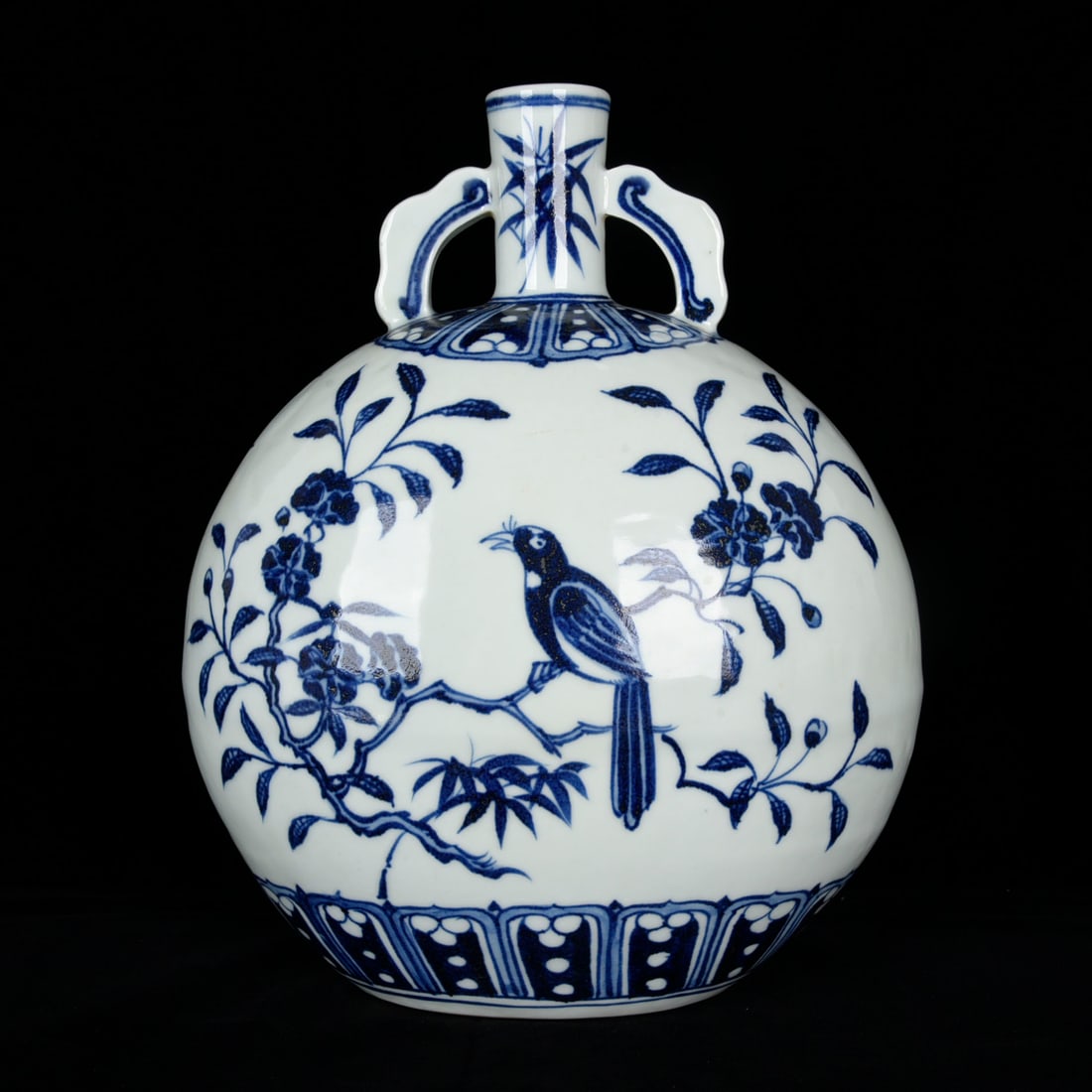 An Exquisite Blue and White Flower and Bird Pattern Double-Ears Vase: An Exquisite Blue and White Flower and Bird Pattern Double-Ears Vase,Ming Dynasty, China,Yongle Four-character Mark,Size:10.6inx8.5inx5.7in 青花花鸟纹双耳