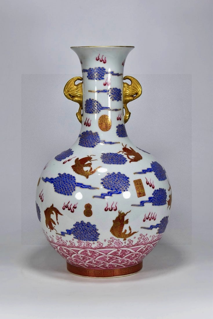 A Huge Famille-Rose Painted Gold Auspicious Cloud and Fish Pattern Crane-Ears Vase,With Poem: A Huge Famille-Rose Painted Gold Auspicious Cloud and Fish Pattern Crane-Ears Vase,With Poem,Qing Dynasty, China,Qianlong Six-character Mark,Size:16.5inx9.8in 粉彩描金祥&