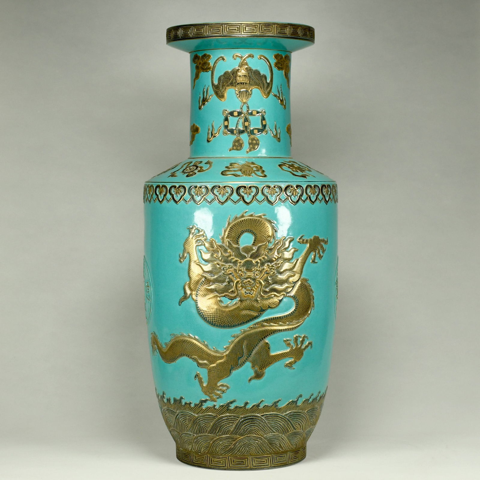 A Huge Turquoise Glazed Gilding Eight Treasures,Seawater and Dragon Pattern Vase (1 of 8)