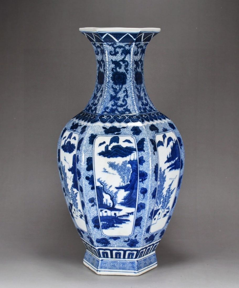 A Rare Blue and White Landscape Pattern Vase: A Rare Blue and White Landscape Pattern Vase,Qing Dynasty, China,Qianlong Six-character Mark,Size:14.2inx8.7in 青花山水纹瓶,中国清代,乾