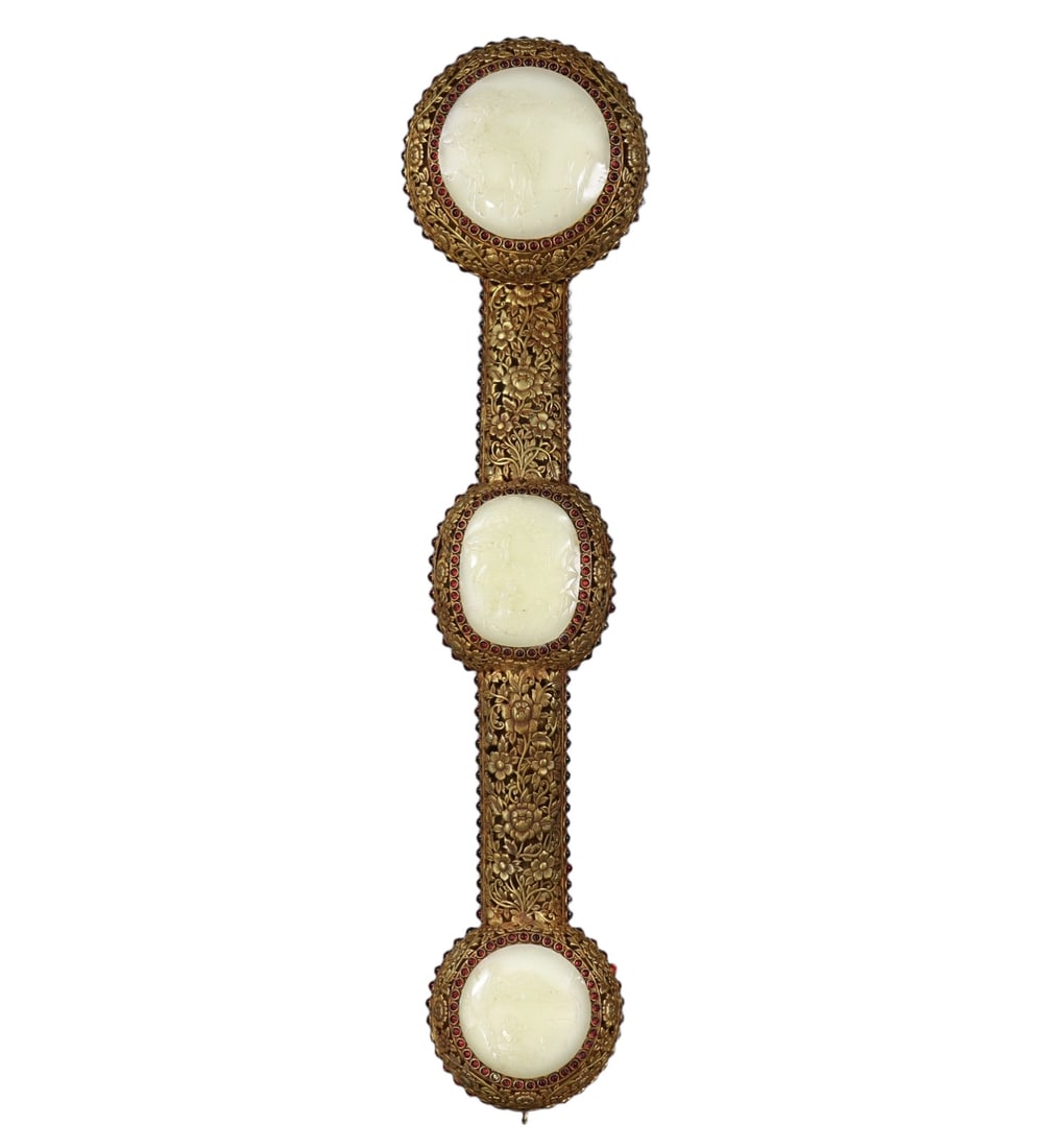 A Huge Gilt Bronze Inlaid White Jade Landscape and Figure Pattern Ruyi,Inlaid Gems: A Huge Gilt Bronze Inlaid White Jade Landscape and Figure Pattern Ruyi,Inlaid Gems,Qing Dynasty,China,Qianlong Six-character Mark,Size:3.7inx18.5inx4.3in,Weight:1083g 铜鎏金镶&