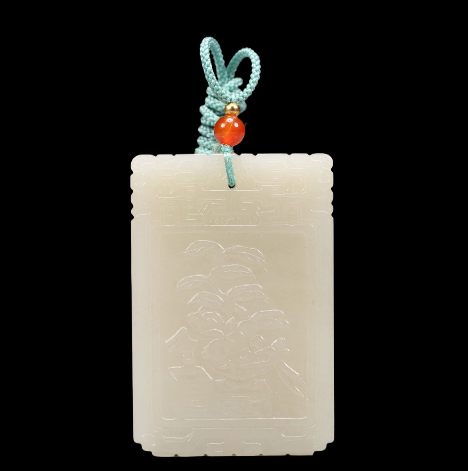 An Exquisite Sapphire Leaves Pattern Pendant, with poems: An Exquisite Sapphire Leaves Pattern Pendant, with poems, Qing Dynasty, China, Size:1.6inx0.2inx2.4in, Weight:41g 精美的青玉树叶纹挂件,ñ