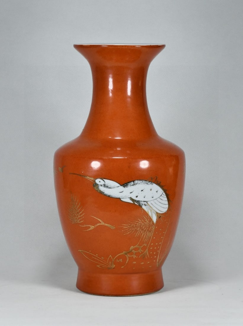 A Rare Iron-Red Glazed Famille-Rose Painted Gold Pine and Crane Pattern Vase: A Rare Iron-Red Glazed Famille-Rose Painted Gold Pine and Crane Pattern Vase,Qing Dynasty, China,With Mark,Size:13.8inx7.9in 矾红釉粉彩描金松鹤