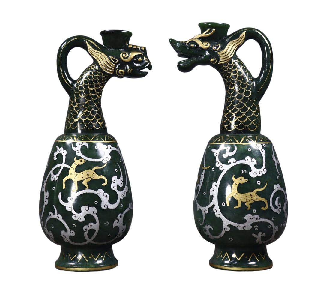 A Pair of Exquisite Jasper Inlaid Gold and Silver Painted Color Auspicious Beast Pattern Dragon-head: A Pair of Exquisite Jasper Inlaid Gold and Silver Painted Color Auspicious Beast Pattern Dragon-head Phoenix-head Pots,Qing Dynasty,China,Size:(Dragon)9.3inx3.7inx3in,(Phoenix)8.9inx3.5inx3in,Total We