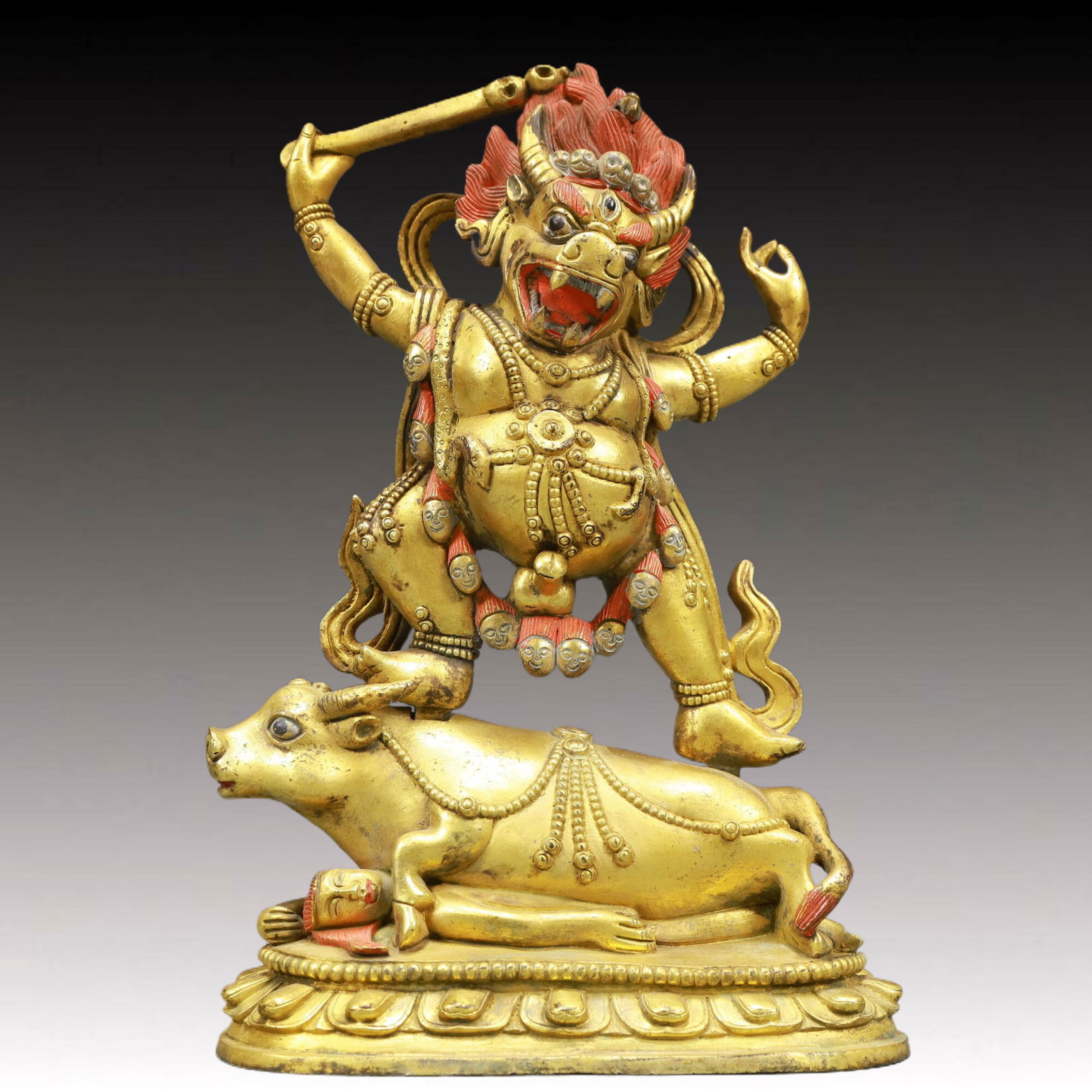 A Solemn Gilt Bronze Statue of Yamantaka: A Solemn Gilt Bronze Statue of Yamantaka,Qing Dynasty, China,Size:5.9inx2.8inx8.7in Weight:1500g 铜鎏金大威德金刚,中国清代
