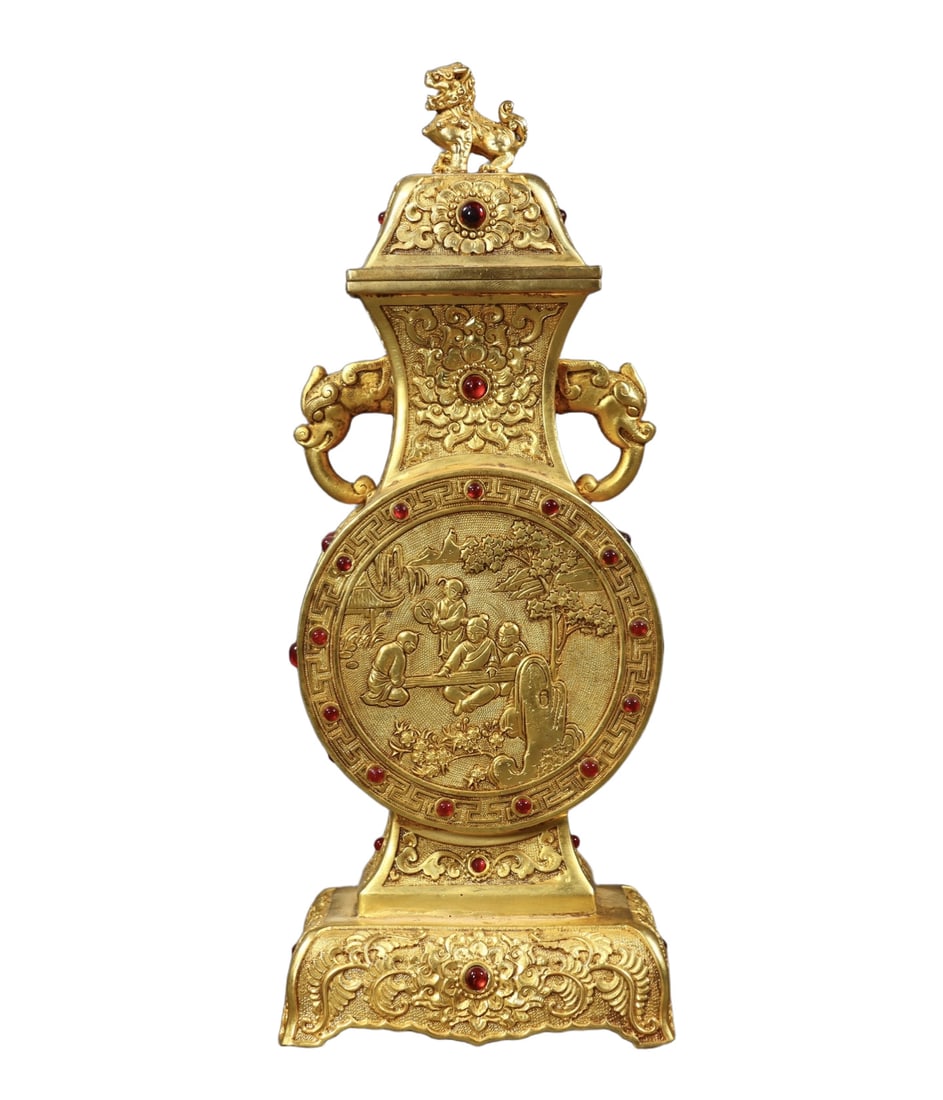 An Exquisite Gilt Bronze Landscape and Figure Pattern Beast-Ears Bottle,Inlaid Gems (1 of 9)