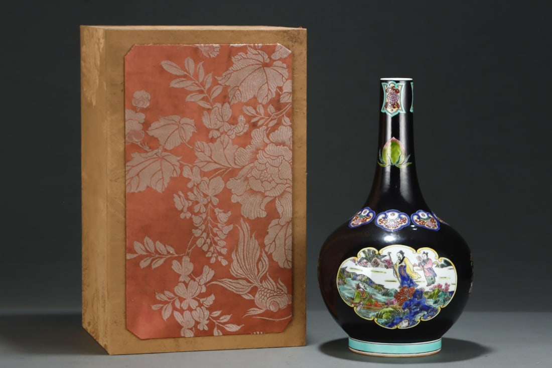 A Rare Famille-Rose Black Glazed Character and Story Pattern Vase: A Rare Famille-Rose Black Glazed Character and Story Pattern Vase,Qing Dynasty, China,Yongzheng Six-character Mark,Size:(Porcelain)15inx8.7in 