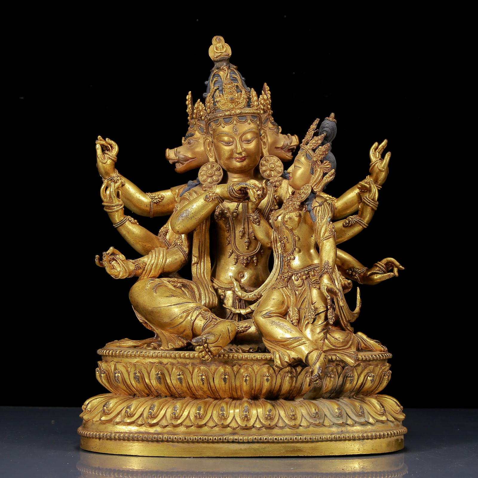 A Solemn Gilt Bronze Statue of Marici: A Solemn Gilt Bronze Statue of Marici, Ming Dynasty, China,Size:11inx7.9inx15in,Weight:11820g 铜鎏金摩利支天像，明代