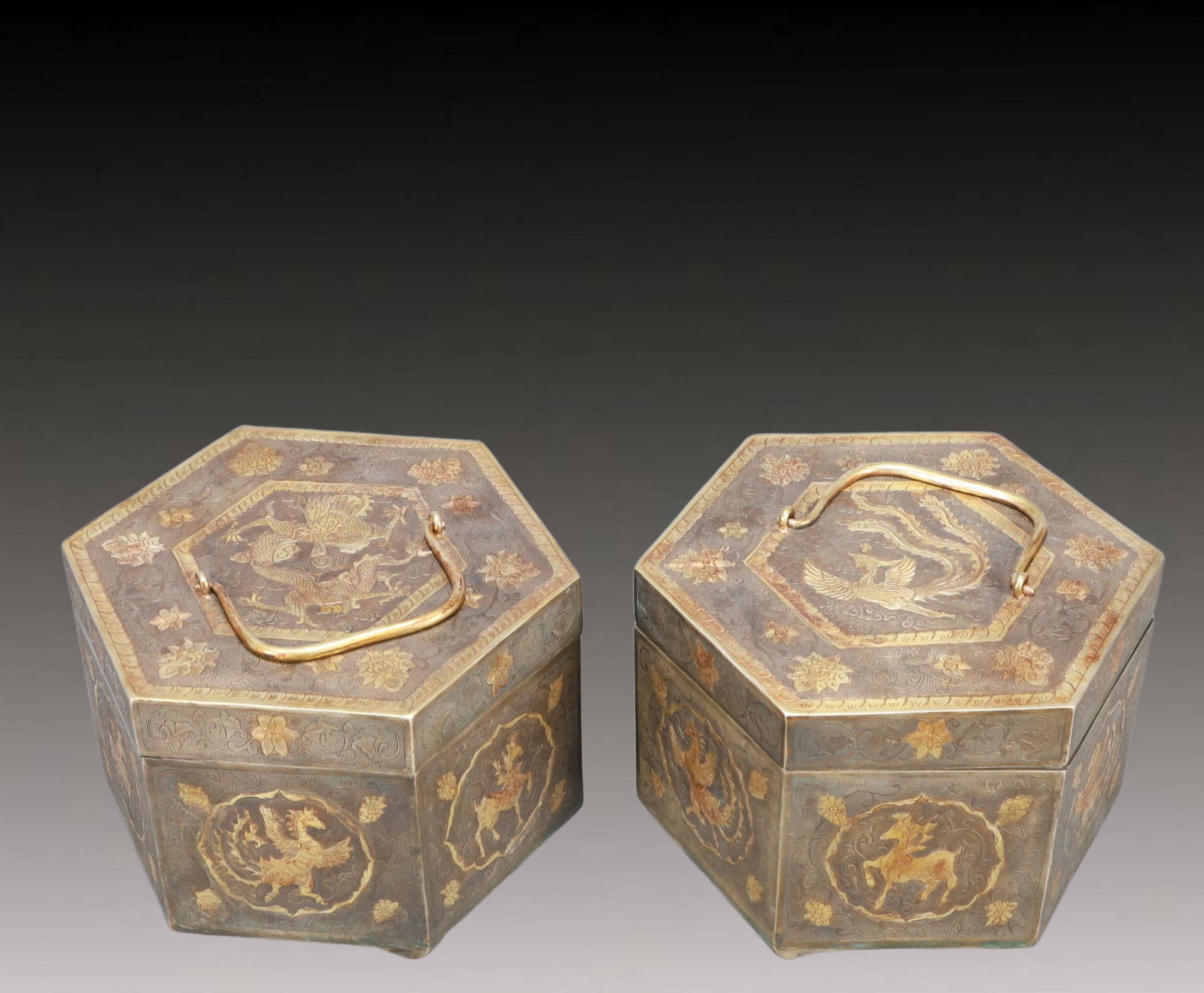 A Pair of Rare Gilt Silver Auspicious Beast Pattern Cover Jars: A Pair of Rare Gilt Silver Auspicious Beast Pattern Cover Jars,Tang Dynasty, China,Size:7.7inx8.7in,Weight:4700g 一对银鎏金瑞兽纹盖罐,ߑ