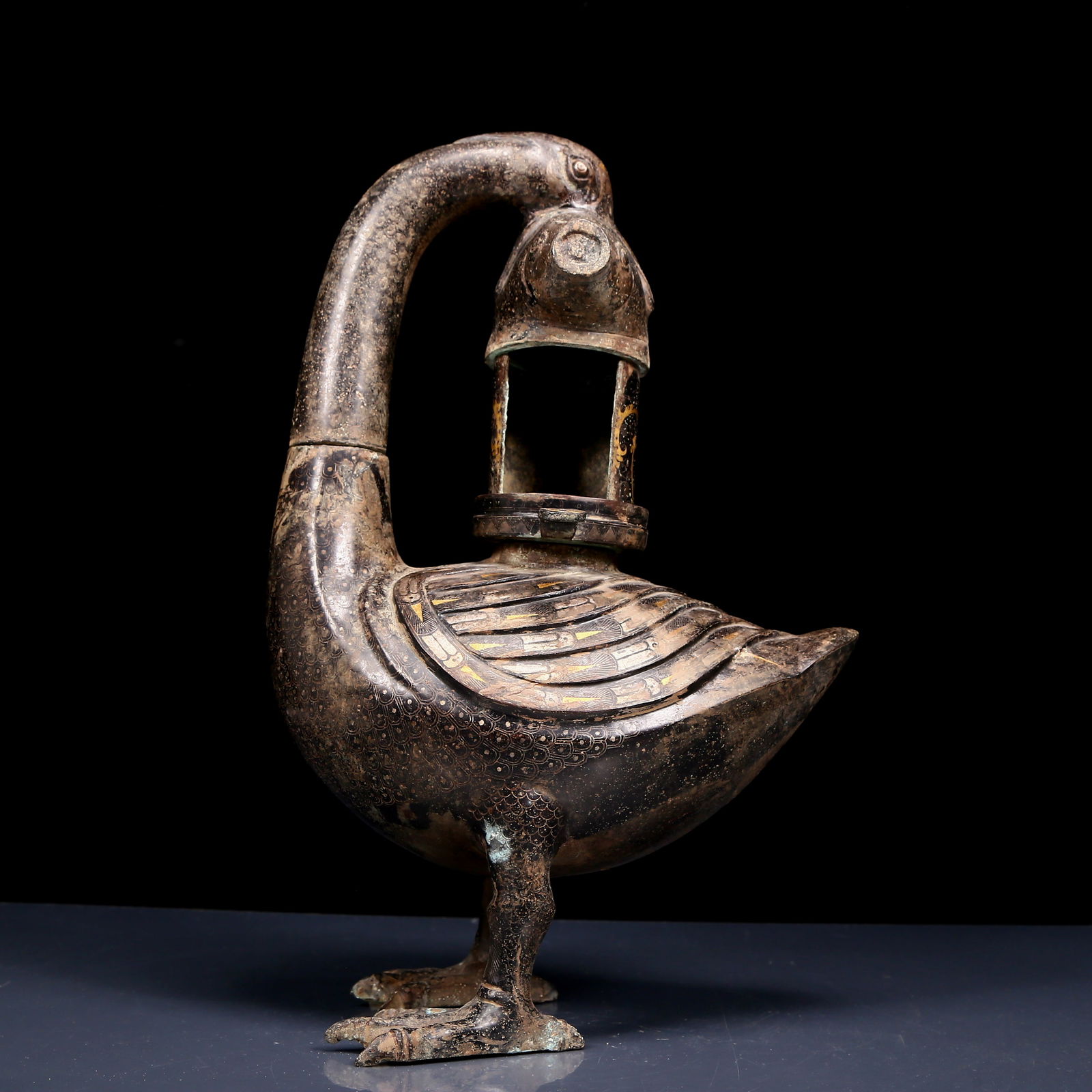 An Exquisite Bronze Inlaid Gold and Silver Goose Candlestick (1 of 16)