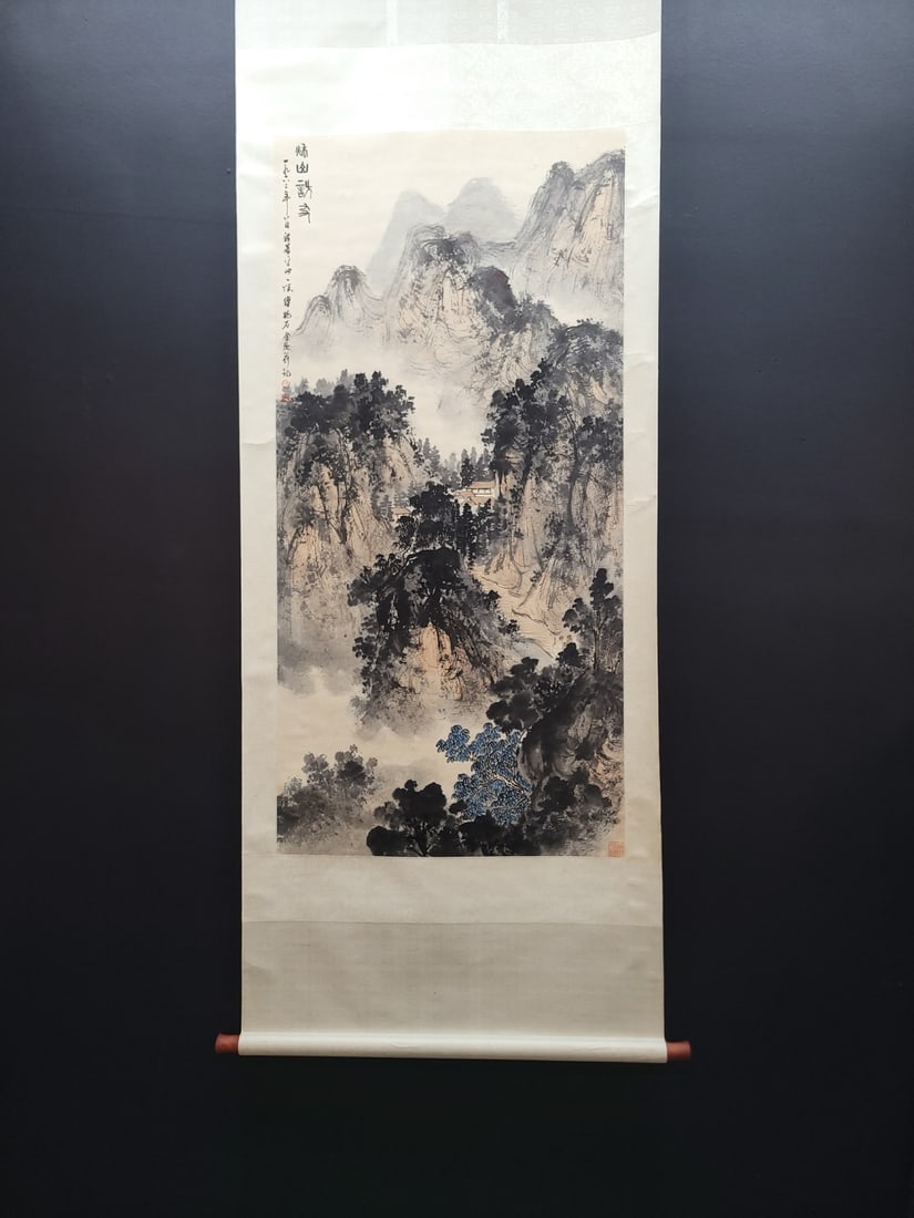 A Chinese Vertical Scroll Ink Painting of Landscape on Paper,Fu Baoshi: A Chinese Vertical Scroll Ink Painting of Landscape on Paper,Fu Baoshi,Size:(Without frame)26.6inx54.5in 