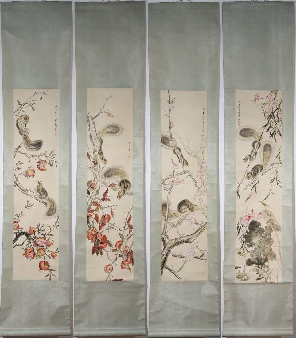 A Set of Chinese Vertical Scroll Ink Painting of Squirrel on Paper,Liu Kuiling: A Set of Chinese Vertical Scroll Ink Painting of Squirrel on Paper,Liu Kuiling,Size:(Without frame)51.4inx12.6in*4 