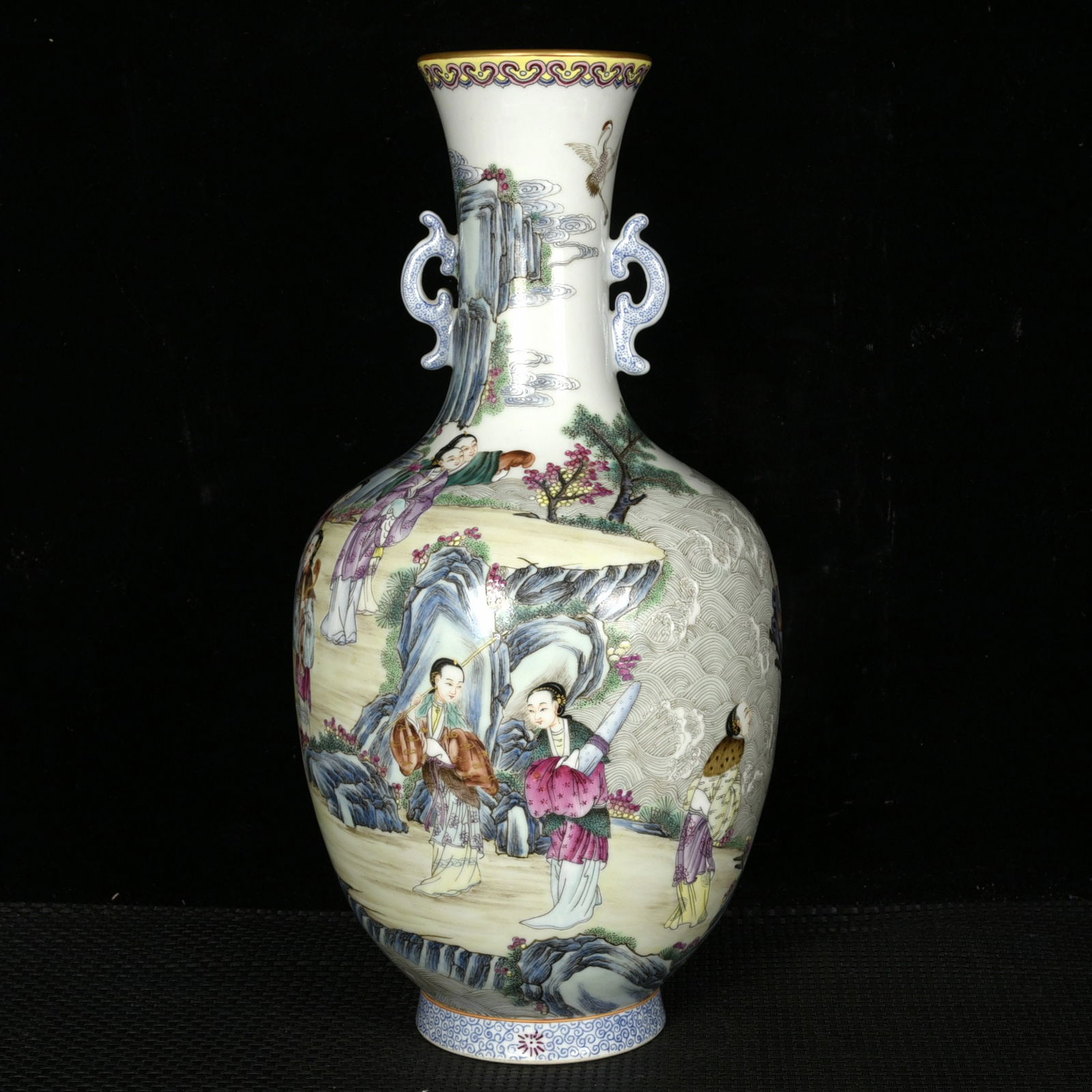 A Rare Enamel Painted Gold Character and Story Pattern Double-Ears Vase: A Rare Enamel Painted Gold Character and Story Pattern Double-Ears Vase,Qing Dynasty, China,Qianlong Six-character Mark,Size:13.2inx7.1in 珐琅彩描金人物ਠ