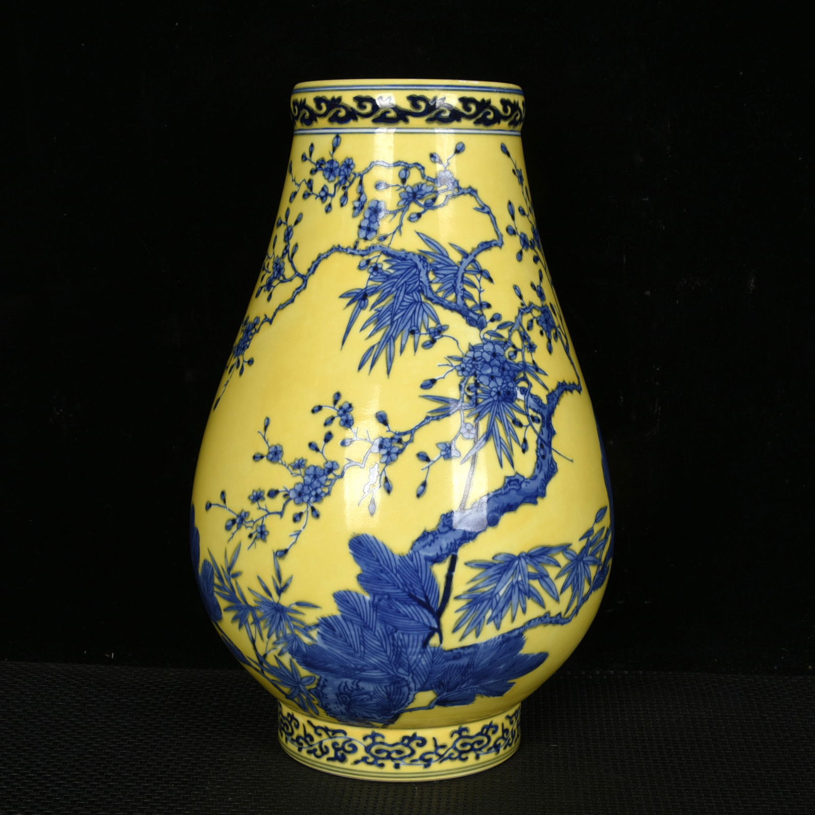 A Rare Yellow Ground Blue and White Pine, Bamboo and Plum Blossom Pattern Vase: A Rare Yellow Ground Blue and White Pine, Bamboo and Plum Blossom Pattern Vase,Qing Dynasty, China,Qianlong Six-character Mark,Size:13.2inx8.3in 黄地青花松竹梅