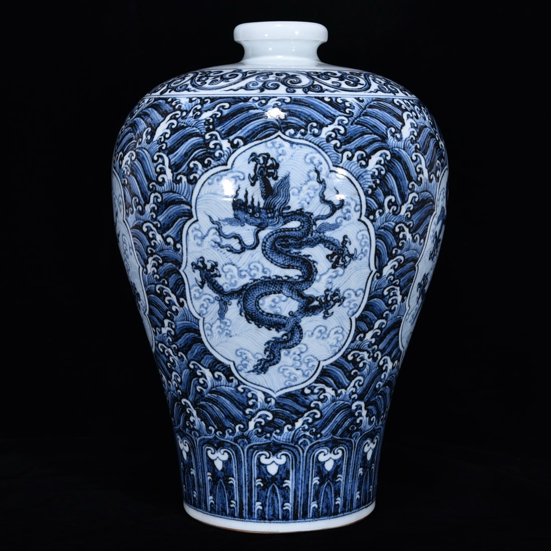 A Huge Blue and White Seawater and Dragon Pattern Vase: A Huge Blue and White Seawater and Dragon Pattern Vase,Ming Dynasty, China,Xuande Four-character Mark,Size:16.5inx11in 青花海水龙纹瓶,中国明