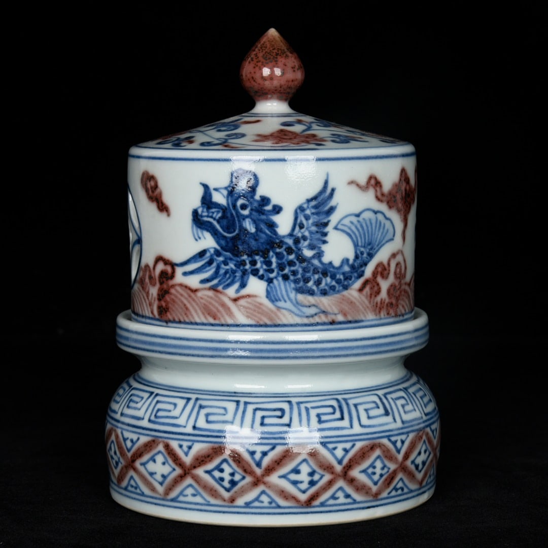 An Exquisite Blue and White Underglaze-Red Hollow Seawater and Fish Pattern Censer: An Exquisite Blue and White Underglaze-Red Hollow Seawater and Fish Pattern Censer,Ming Dynasty, China,Xuande Six-character Mark,Size:6.1inx4.1in 青花釉里红镂ి