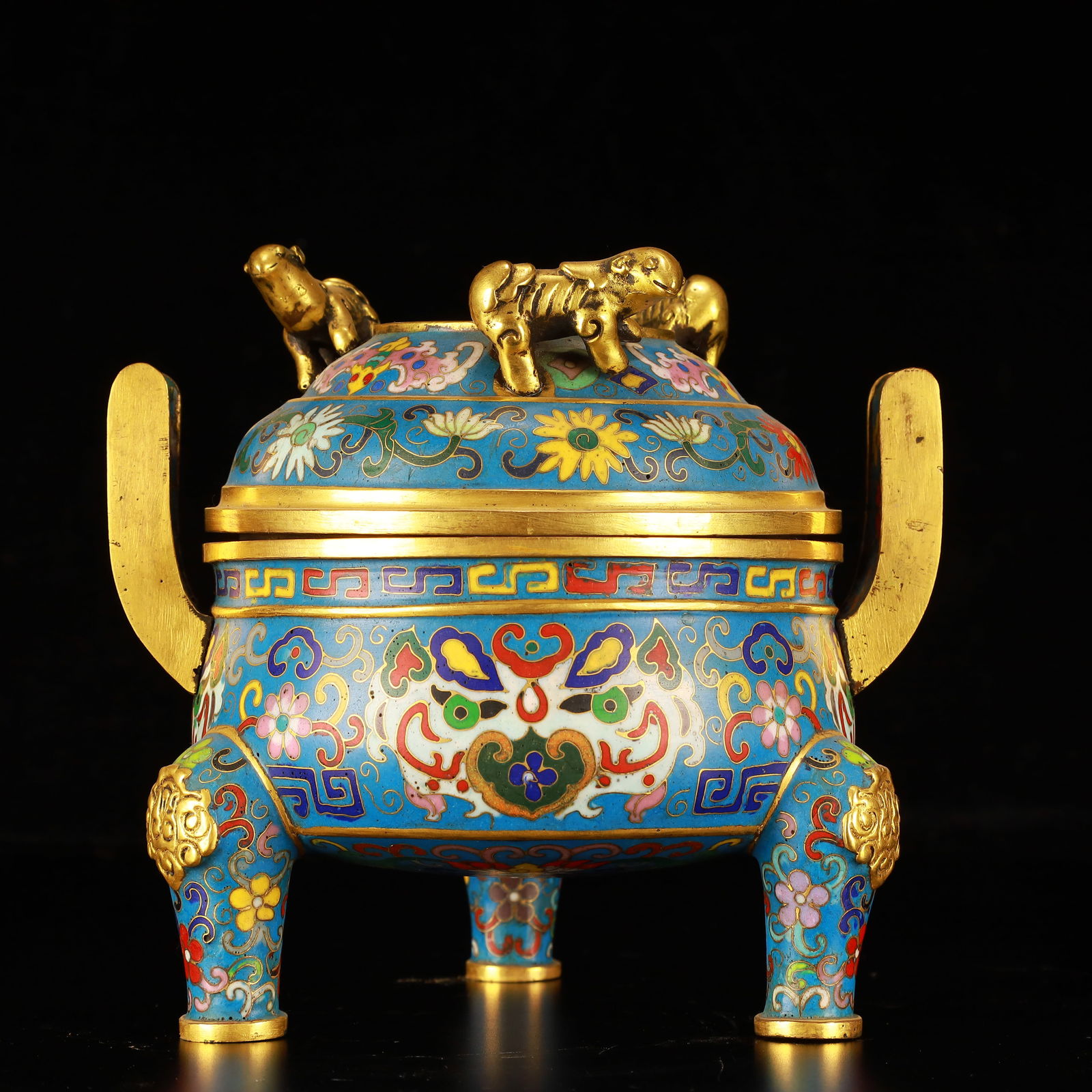 An Exquisite Cloisonne Flower and Beast-Face Pattern Double-Ears and Tripod Censer: An Exquisite Cloisonne Flower and Beast-Face Pattern Double-Ears and Tripod Censer,(A type of enamelware with metal wires separating colored glaze, originating in China),Qing Dynasty,China,Qianlong Si