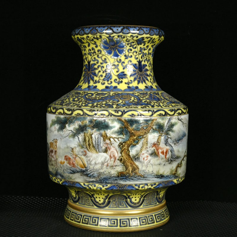 A Rare Yellow Ground Blue and White Enamel Painted Gold Landscape and Goat Pattern Vase,With an: A Rare Yellow Ground Blue and White Enamel Painted Gold Landscape and Goat Pattern Vase,With an Imperial Poem by Emperor Qianlong,Qing Dynasty, China,Size:11.8inx9.1in 黄地青花