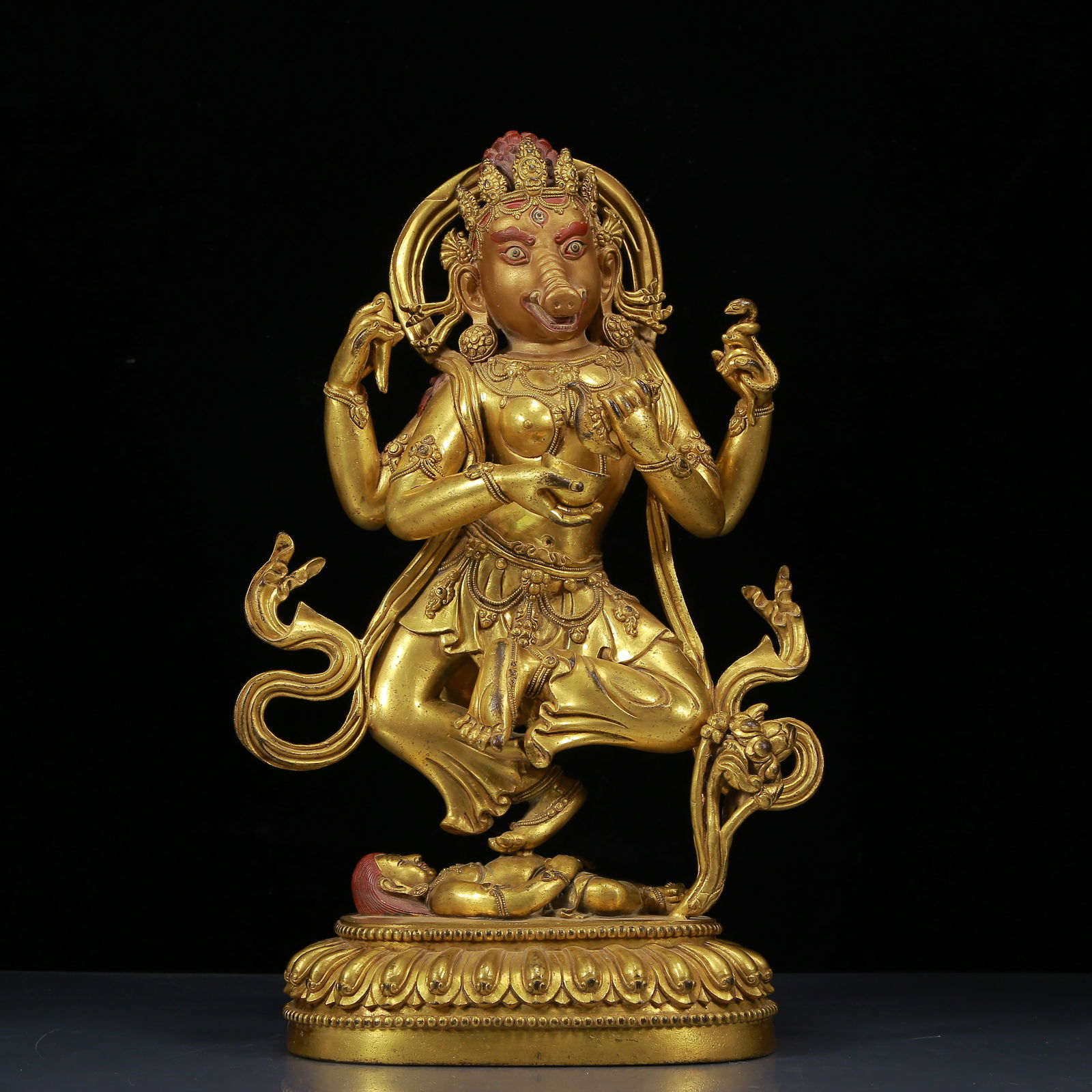 A Solemn Gilt Bronze Statue of Ganesh: A Solemn Gilt Bronze Statue of Ganesh,Ming Dynasty, China,Size:10.2inx5.9inx16.1in,Weight:7745g 铜鎏金象鼻财神像，明代