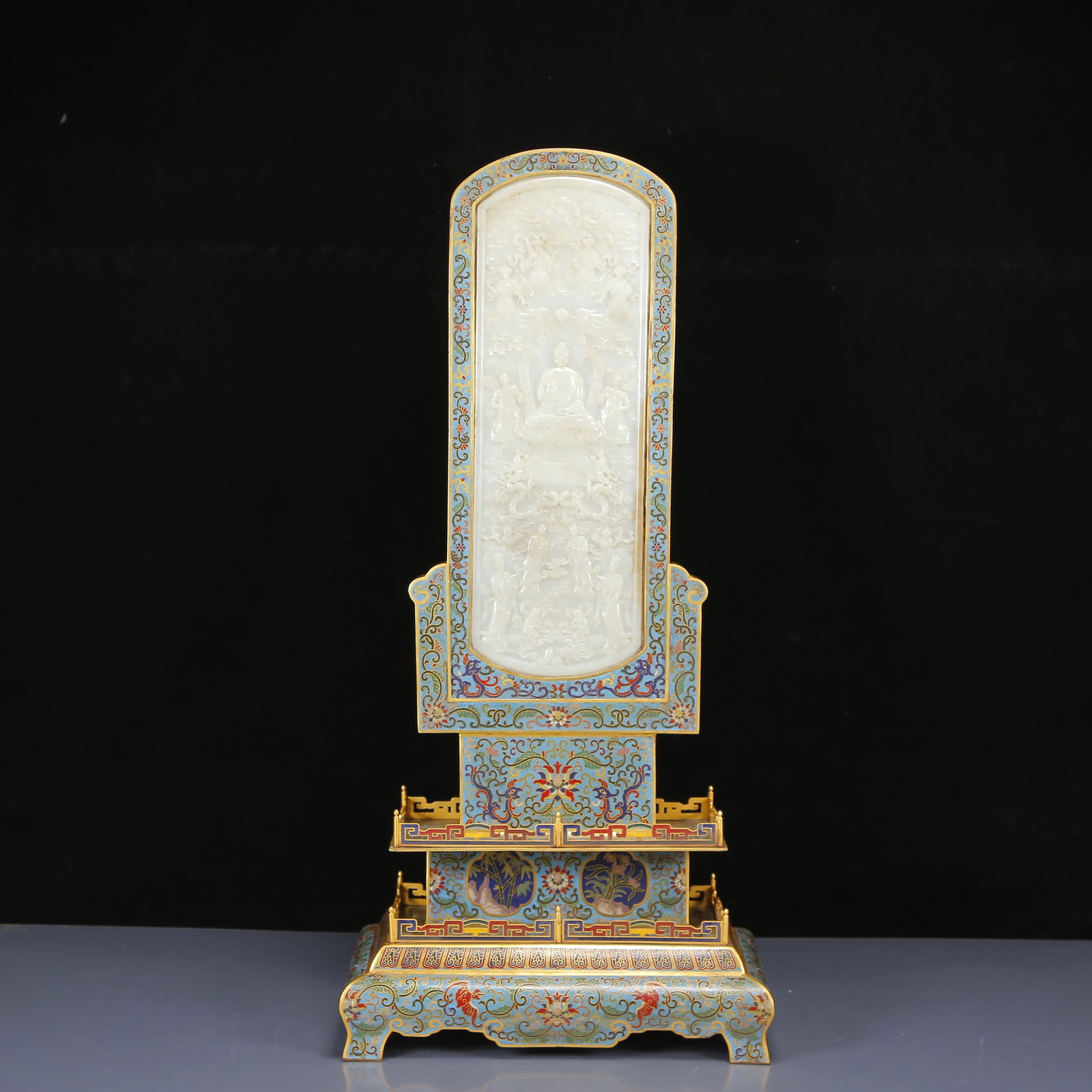 A Huge Cloisonne Inlaid White Jade Sakyamuni Statue Pattern Table Screen,with an Imperial Poem by (1 of 17)