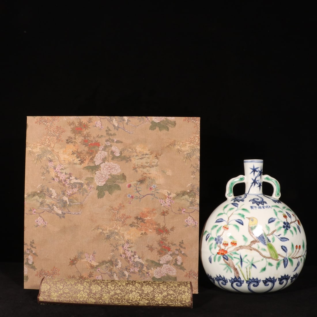 A Rare Wucai Flower and Bird Pattern Double-Ears Vase,With Vertical Scroll Painting on Silk: A Rare Wucai Flower and Bird Pattern Double-Ears Vase,With Vertical Scroll Painting on Silk,Ming Dynasty, China,Xuande Six-character Mark,Size:11.8inx8.7in 五彩花鸟纹