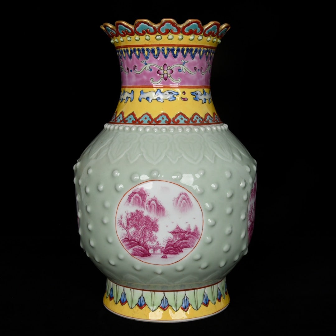 An Exquisite Enamel Celadon Glazed Iron-Red Color Painted Gold Landscape Pattern Vase: An Exquisite Enamel Celadon Glazed Iron-Red Color Painted Gold Landscape Pattern Vase,Qing Dynasty, China,Qianlong Six-character Mark,Size:11inx7.9in 珐琅彩青釉矾&#