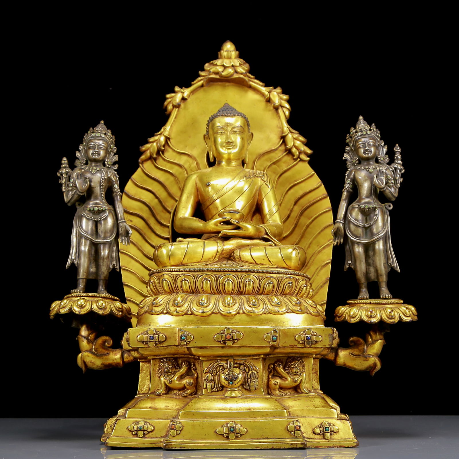 A Solemn Gilt Bronze Inlaid Turquoise Statue of Sakyamuni,With Inscription: A Solemn Gilt Bronze Inlaid Turquoise Statue of Sakyamuni,With Inscription,Ming Dynasty, China,Size:16.9inx8.7inx19.3in,Weight:15745g 铜鎏金嵌绿松石释&#