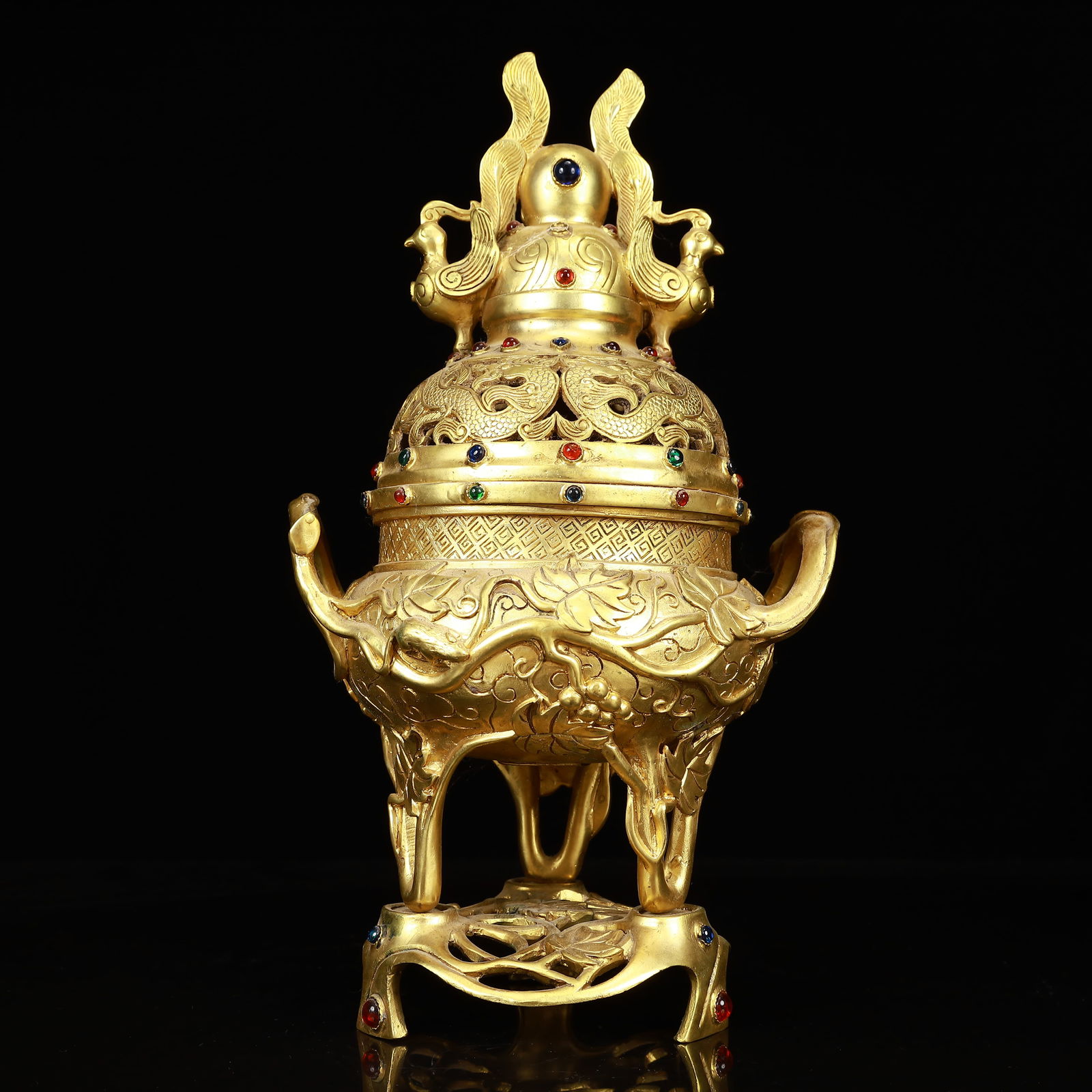 An Exquisite Gilt Bronze Dragon and Phoenix Pattern Double-Ears and Tripod Censer,Inlaid Gems (1 of 16)
