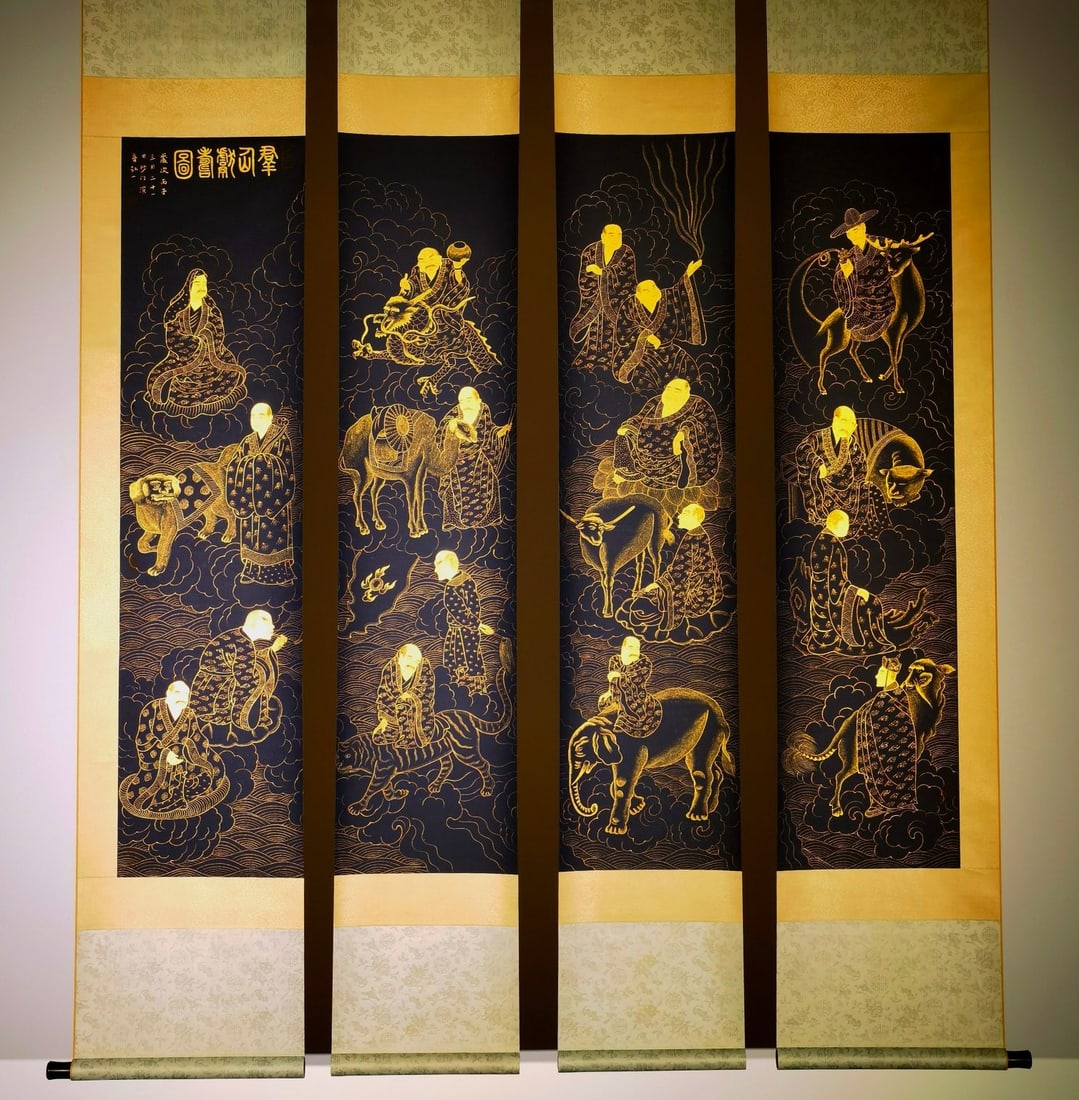 A Set of Chinese Vertical Scroll Ink Painting of Arhat on Paper,Hong Yi: A Set of Chinese Vertical Scroll Ink Painting of Arhat on Paper,Hong Yi,Size:(entirety)87.8inx60.6in 一套中国水墨罗汉像图立轴,&#