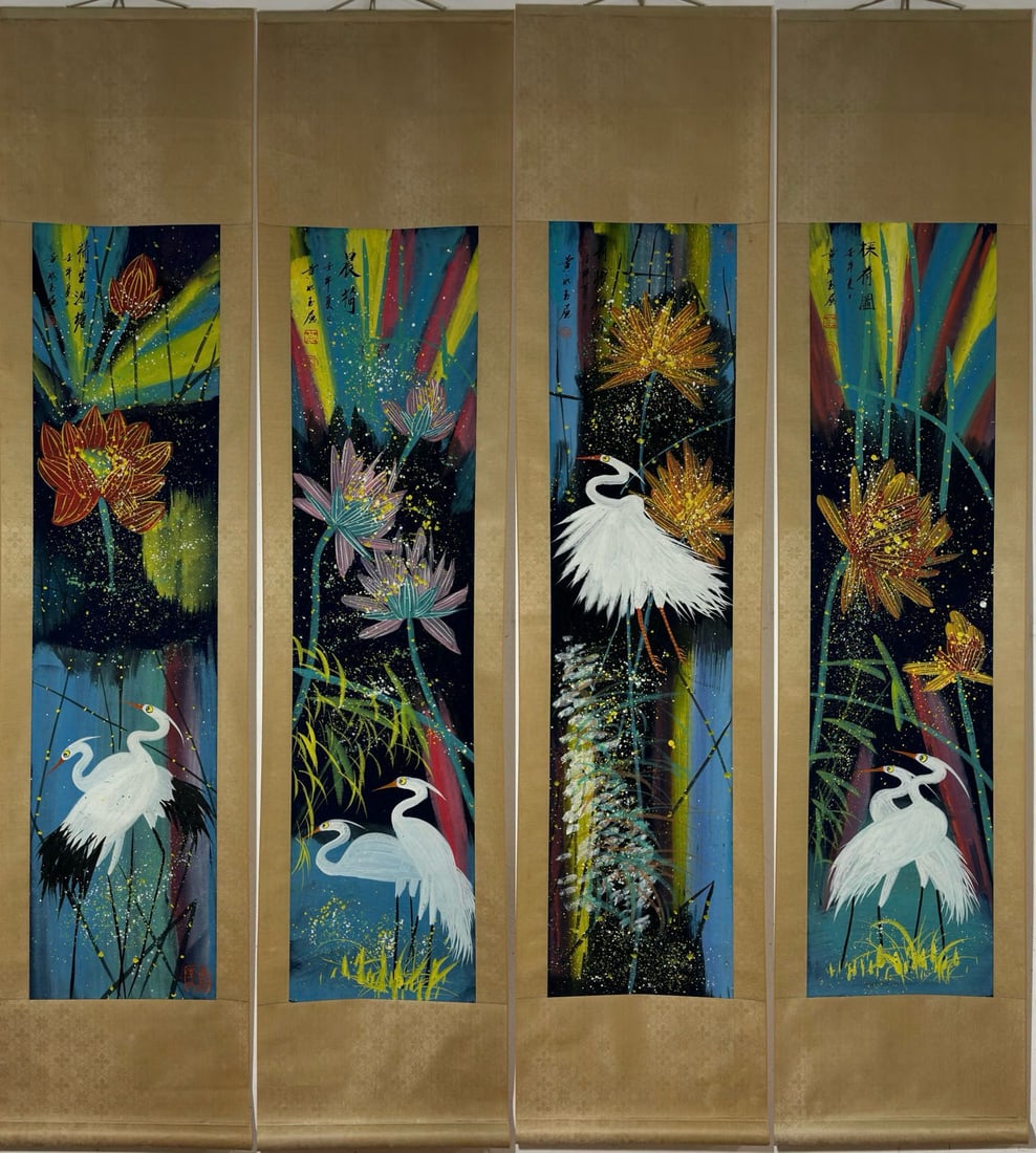 A Set of Chinese Vertical Scroll Ink Painting of Flower and Bird on Paper,Huang Yongyu (1 of 9)