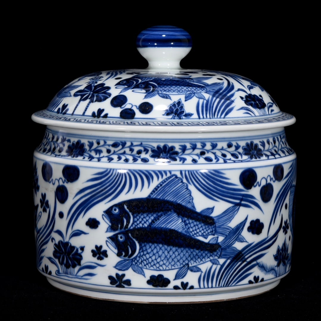 An Exquisite Blue and White Fish and Algae Pattern Cover Jar (1 of 9)