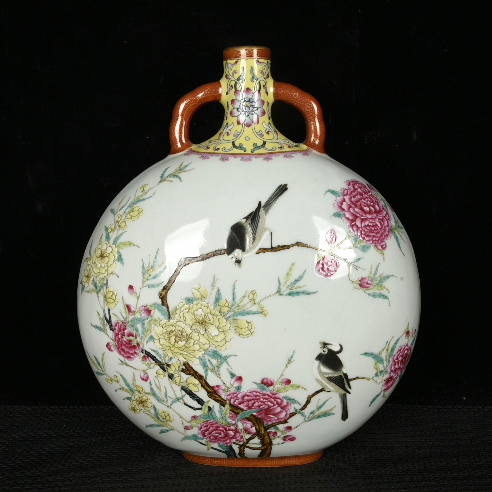 A Rare Enamel Painted Gold Flower and Bird Pattern Double-Ears Vase: A Rare Enamel Painted Gold Flower and Bird Pattern Double-Ears Vase,Qing Dynasty, China,Yongzheng Six-character Mark,Size:11.8inx9.8inx4.7in 珐琅彩描金花鸟