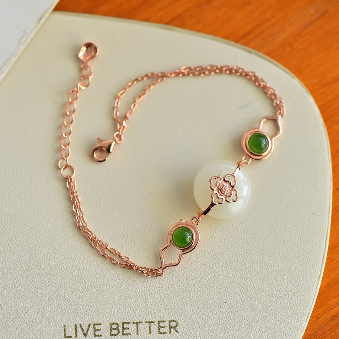 An Exquisite Sterling Silver-Gold Plated Inlaid White Jade Bracelet , Inlaid Jasper: Sterling Silver-Gold Plated Inlaid White Jade Bracelet , Inlaid Jasper , Size :15mmx15mm 