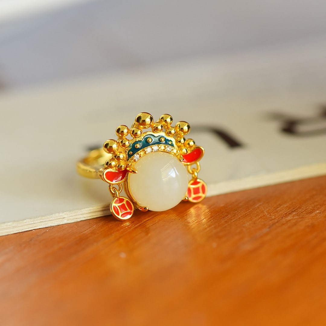 An Exquisite Sterling Silver-Gold Plated Inlaid White Jade Ring,Inlaid Diamonds: An Exquisite Sterling Silver-Gold Plated Inlaid White Jade Ring,Inlaid Diamonds,Size:10mmx10mm 纯银镀金镶白玉戒指,嵌钻石
