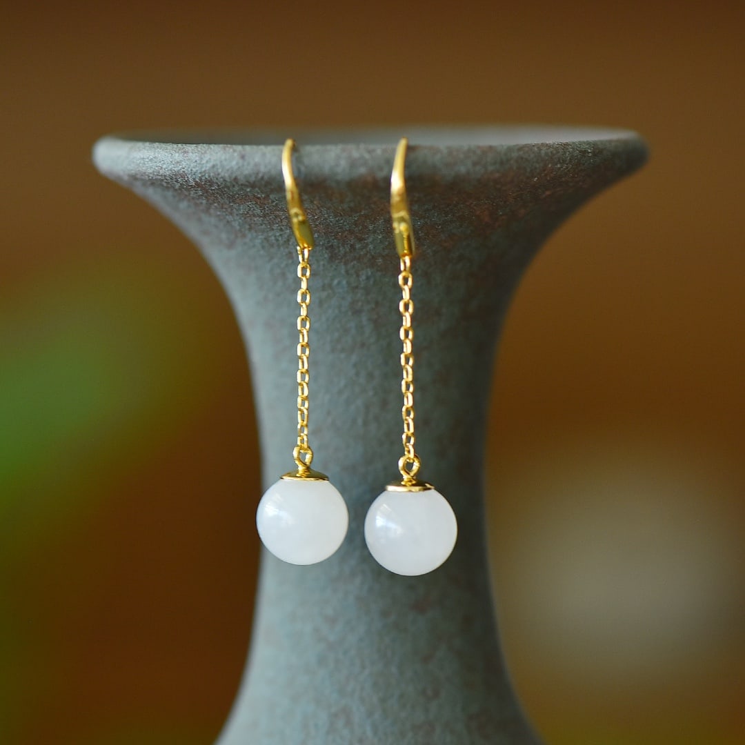 A Pair of Exquisite Sterling Silver-Gold Plated Inlaid White Jade Earrings: A Pair of Exquisite Sterling Silver-Gold Plated Inlaid White Jade Earrings,Size:10mmx10mm 一对纯银镀金镶白玉耳环