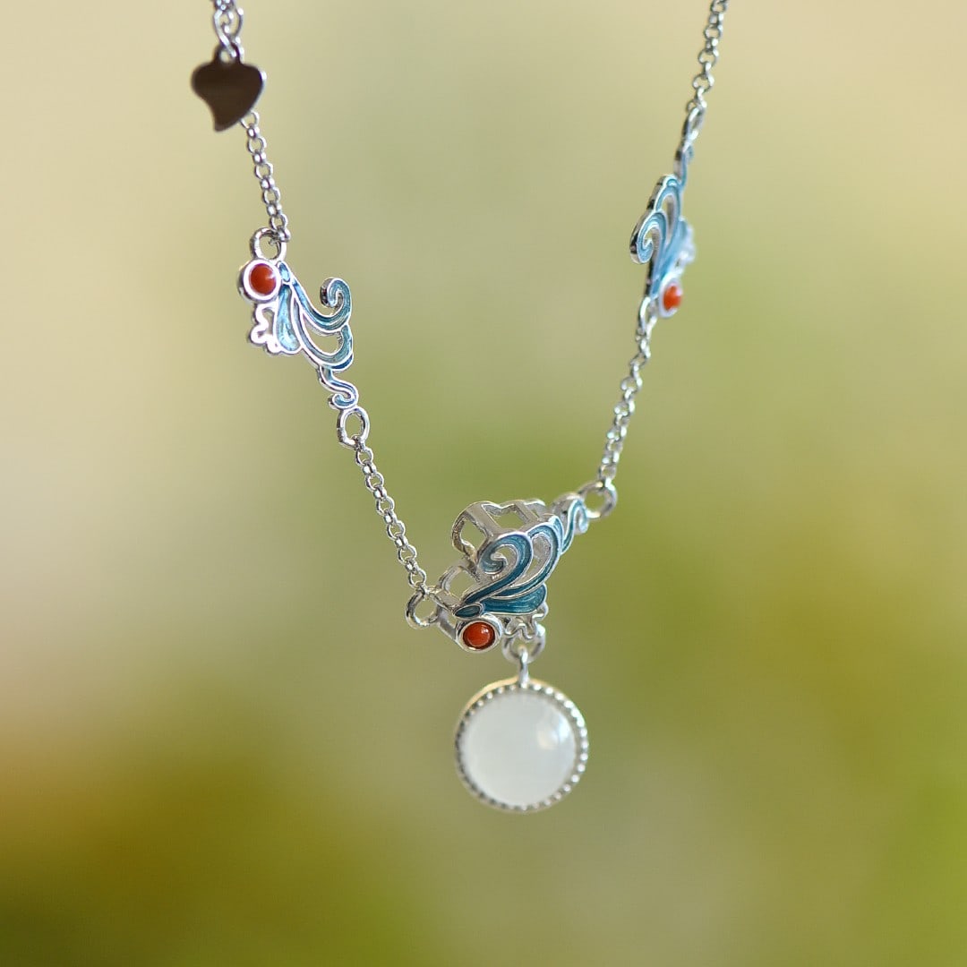 An Exquisite Sterling Silver Inlaid White Jade Enamel Pendant: An Exquisite Sterling Silver Inlaid White Jade Enamel Pendant 纯银镶白玉珐琅吊坠