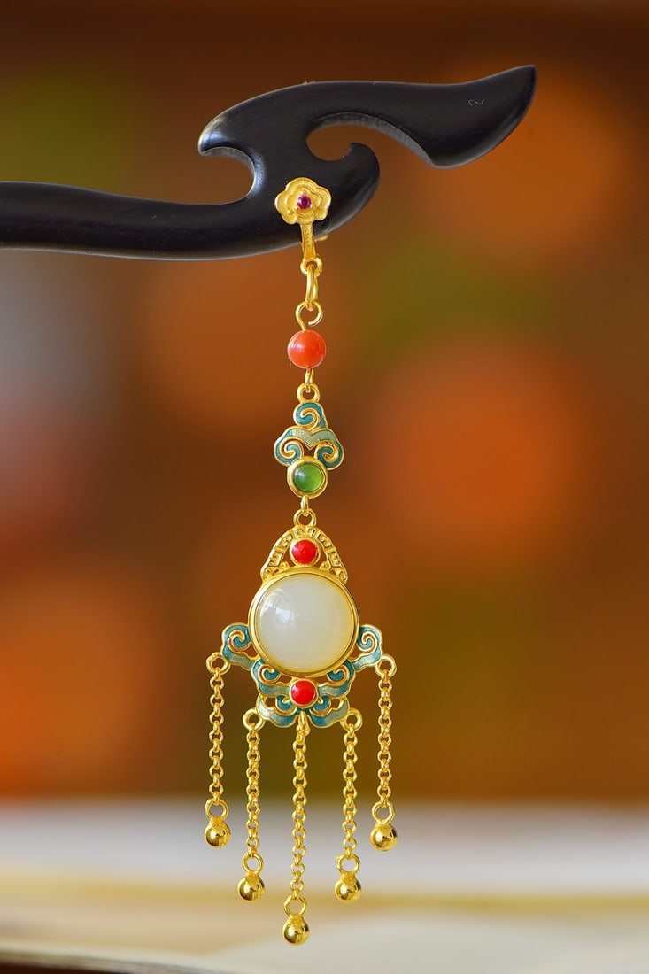 An Exquisite Sterling Silver-Gold Plated Inlaid White Jade Enamel Ebony Hairpin: An Exquisite Sterling Silver-Gold Plated Inlaid White Jade Enamel Ebony Hairpin 纯银镀金镶白玉珐琅黑檀木发簪