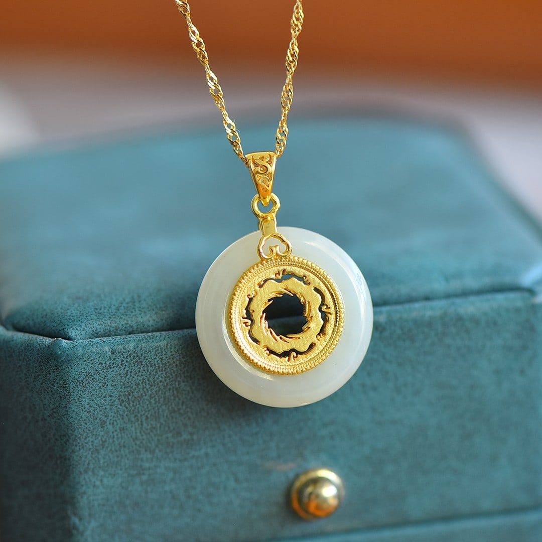 An Exquisite Sterling Silver-Gold Plated Inlaid White Jade Pendant (1 of 5)